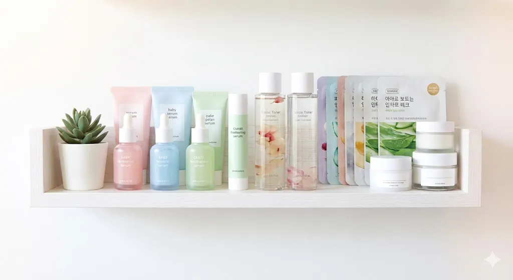Φωτεινό ράφι μπάνιου γεμάτο με δημοφιλή κορεάτικα καλλυντικά (K-beauty), όπως toners, serums σε παστέλ χρώματα και sheet masks, αναδεικνύοντας την τάση για λαμπερό "glass skin