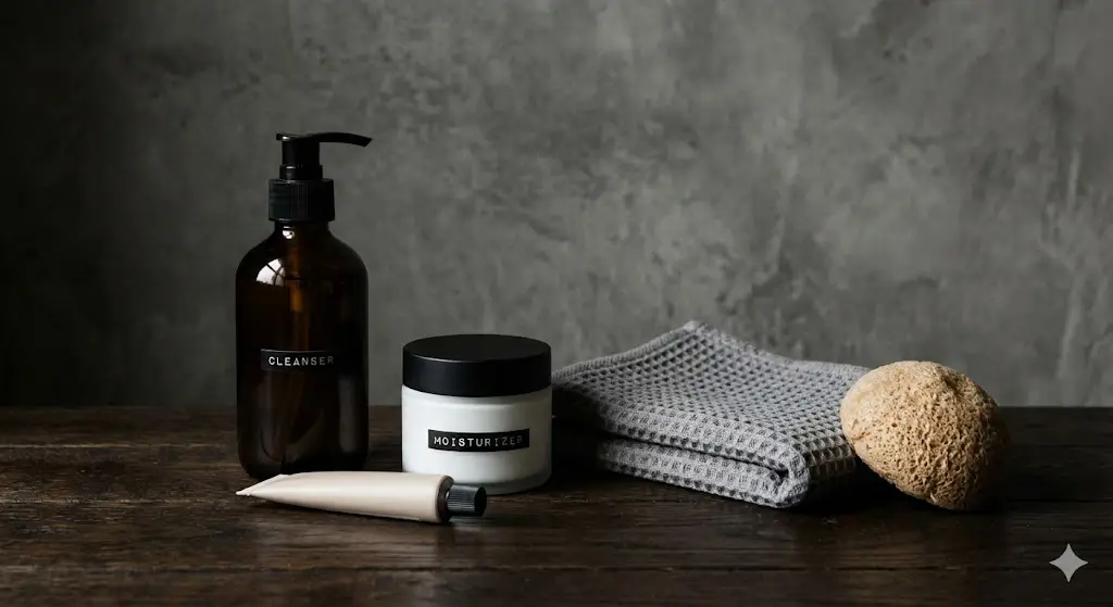 Minimal unisex σετ περιποίησης προσώπου σε σκούρο ξύλινο πάγκο με μπουκάλια σε κεχριμπαρένιο γυαλί, περιλαμβάνει καθαριστικό και ενυδατική κρέμα, ιδανικό δώρο για άνδρες