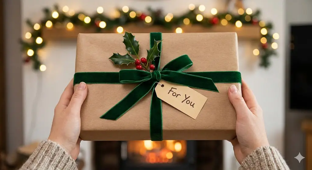 Κοντινό πλάνο σε χέρια που κρατούν ένα προσεγμένο χριστουγεννιάτικο δώρο skincare, τυλιγμένο με οικολογικό χαρτί kraft, βελούδινη πράσινη κορδέλα και καρτελάκι "For You", μπροστά από τζάκι