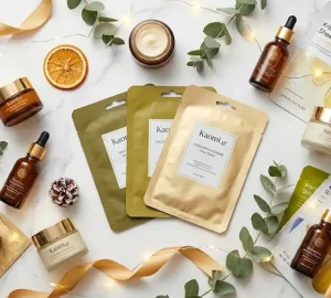 Εορταστική φωτογραφία flat lay με πολυτελή προϊόντα skincare, ορούς, κρέμες και μάσκες σε μαρμάρινη επιφάνεια, διακοσμημένη με χριστουγεννιάτικες κορδέλες και λαμπάκια για τον οδηγό δώρων του 2025.
