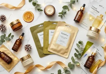 Εορταστική φωτογραφία flat lay με πολυτελή προϊόντα skincare, ορούς, κρέμες και μάσκες σε μαρμάρινη επιφάνεια, διακοσμημένη με χριστουγεννιάτικες κορδέλες και λαμπάκια για τον οδηγό δώρων του 2025.