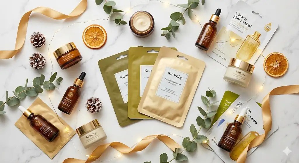 Εορταστική φωτογραφία flat lay με πολυτελή προϊόντα skincare, ορούς, κρέμες και μάσκες σε μαρμάρινη επιφάνεια, διακοσμημένη με χριστουγεννιάτικες κορδέλες και λαμπάκια για τον οδηγό δώρων του 2025.